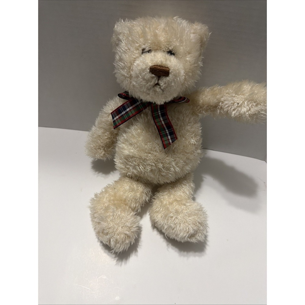 Gund Muffles Teddy Bear 2482 Cream White Shaggy Plush Plaid Bow 11 inch